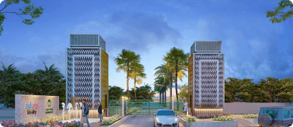 Entrance gate of a new residential project lit up in the evening