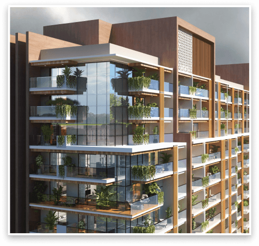 Modern apartment tower with glass balconies and hanging greenery
