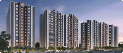 Row of residential towers at dusk