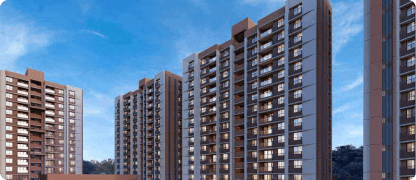 Mid-rise residential buildings in a landscaped township